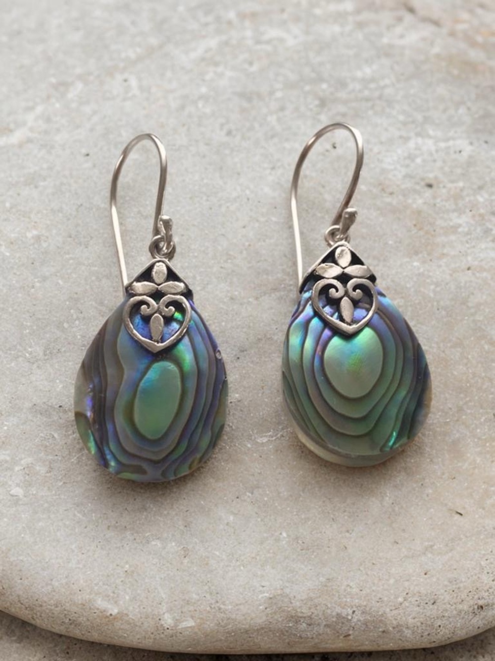 Sterling Silver Abalone Teardrop Earrings - Iridescent Green-Blue - Picture 6 of 8